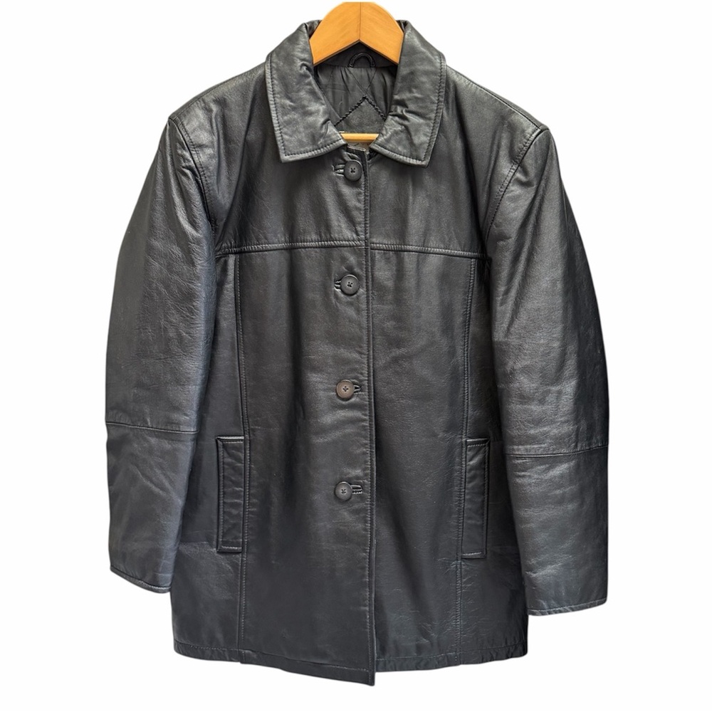 Vintage SEQUENCE Classic Black Genuine Leather Button-Up Jacket Sz 10
